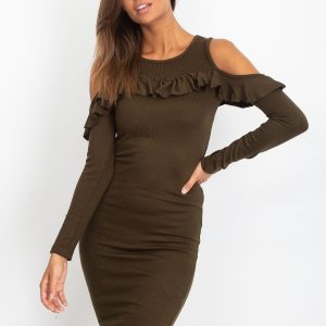 Wholesale Khaki dress cut out with ruffle