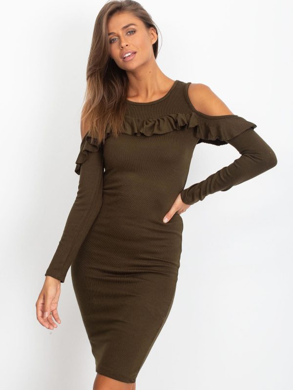 Wholesale Khaki dress cut out with ruffle