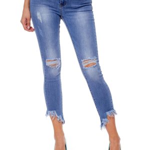 Wholesale Blue denim pants with frayed legs and holes