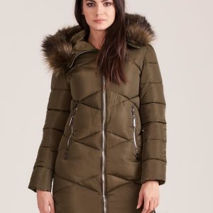 Wholesale Khaki quilted jacket with fur