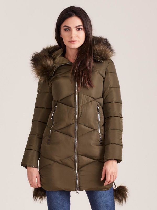 Wholesale Khaki quilted jacket with fur