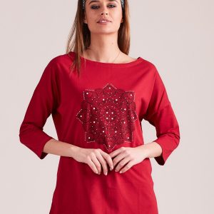 Wholesale Red blouse with print and rhinestones