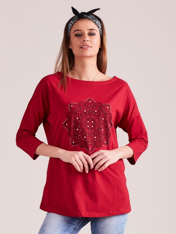 Wholesale Red blouse with print and rhinestones