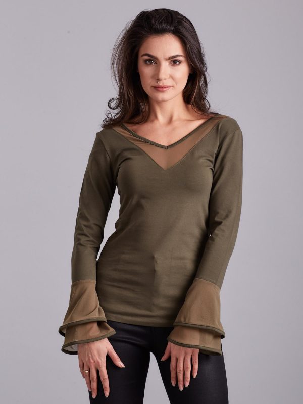 Wholesale Blouse with decorative khaki sleeves