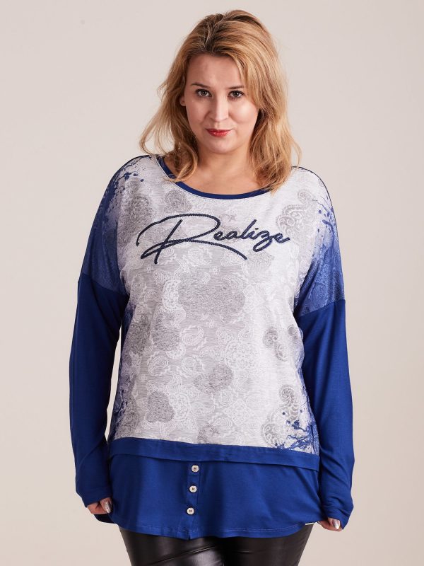 Wholesale Blue/Grey Plus Size Lace Print Blouse