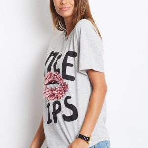 Wholesale Loose t-shirt with sequin lips light grey