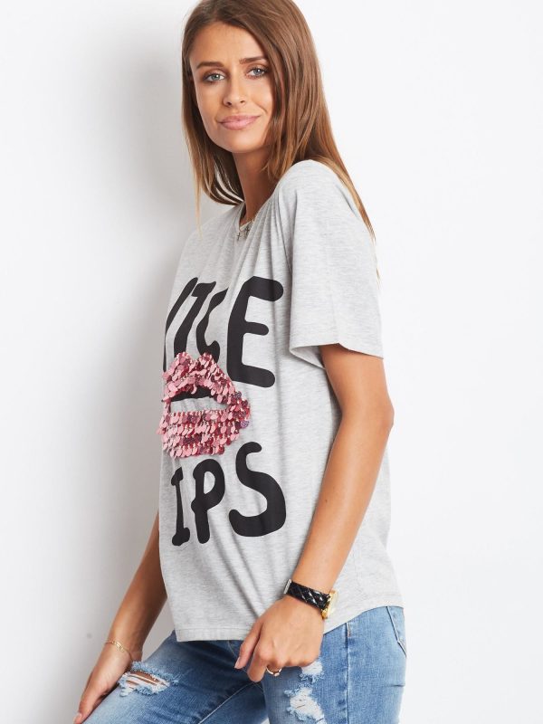 Wholesale Loose t-shirt with sequin lips light grey