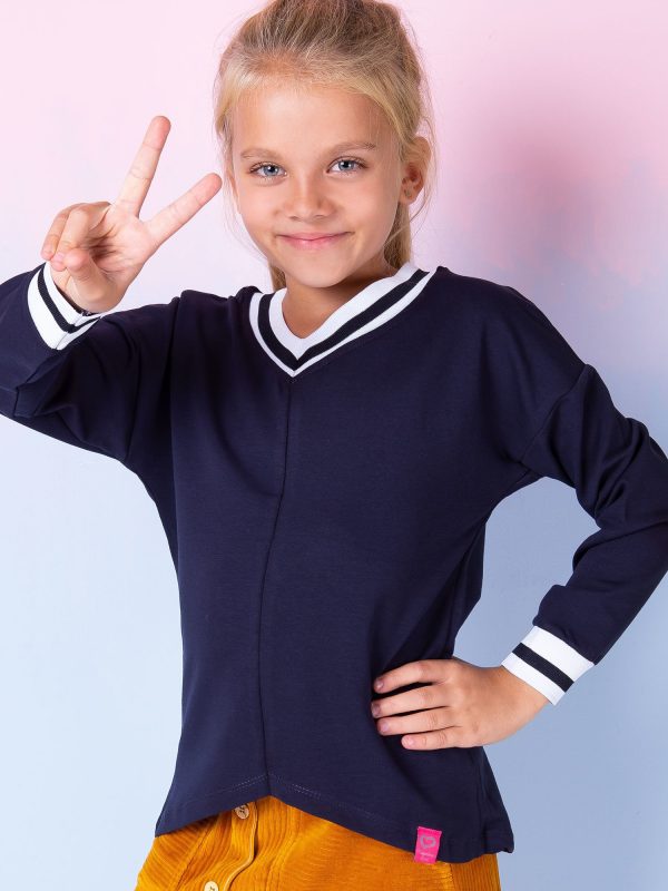 Wholesale Navy blue V-neck girl sweatshirt with welts