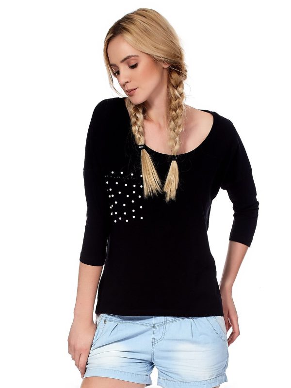 Wholesale Black blouse with imitation pockets and pearls