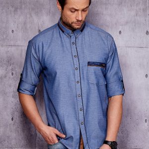 Wholesale Navy blue denim shirt for men with suede inserts PLUS SIZE