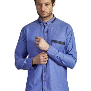 Wholesale Plain cotton shirt for men with pocket blue PLUS SIZE