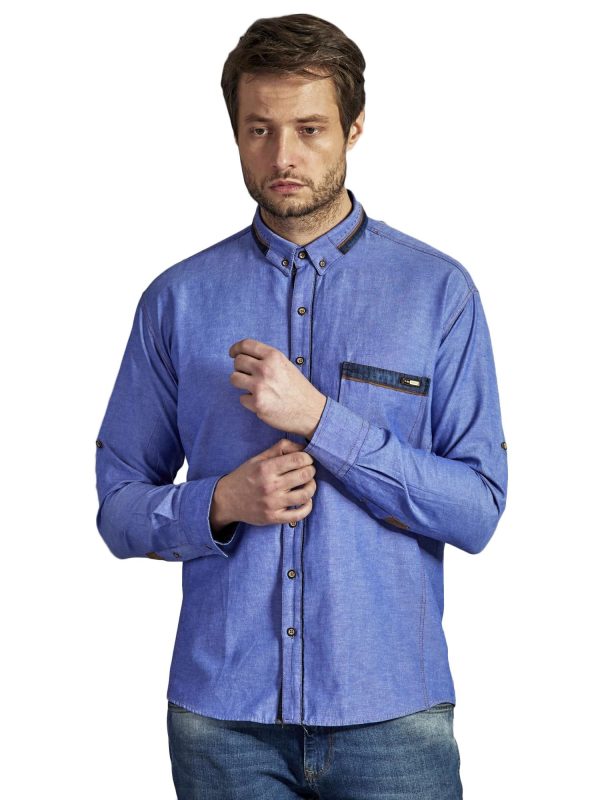 Wholesale Plain cotton shirt for men with pocket blue PLUS SIZE