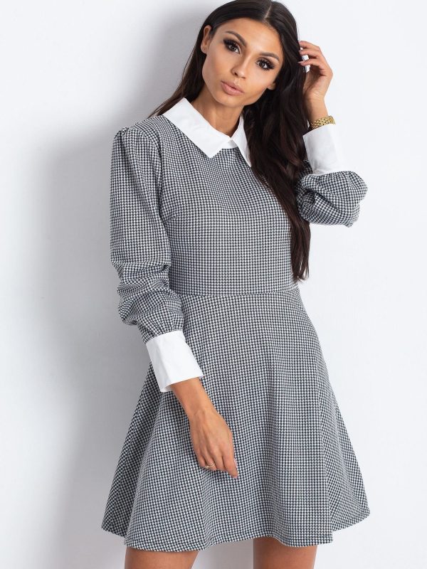 Wholesale Fine checkered dress with collar black