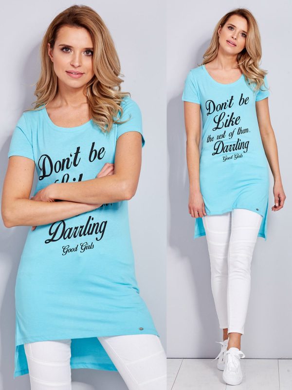 Wholesale Cotton light blue tunic with inscriptions on the front