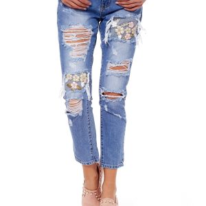 Wholesale Blue jeans with holes and floral embroidery