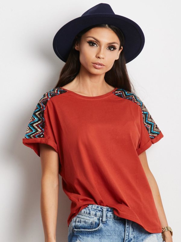 Wholesale Loose t-shirt with sequin applique on the sleeves dark orange