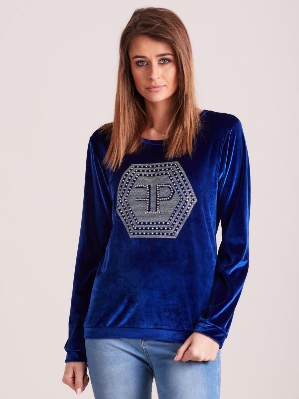 Wholesale Women's velour sweatshirt with shiny pebbles blue