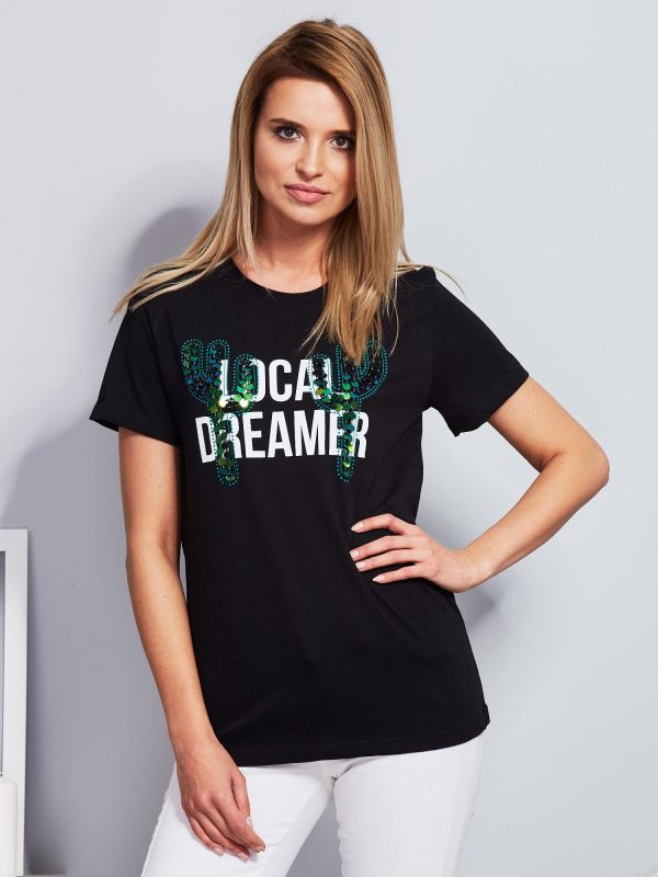 Wholesale Loose t-shirt with cactus with sequins black