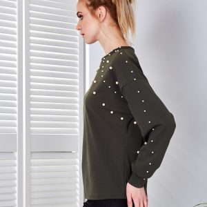 Wholesale Khaki blouse decorated with pearls