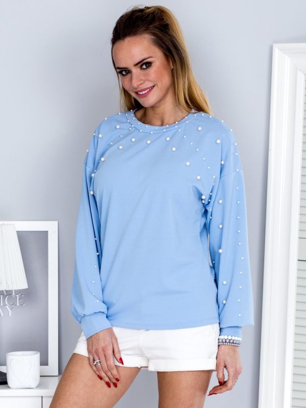 Wholesale Light blue blouse decorated with pearls