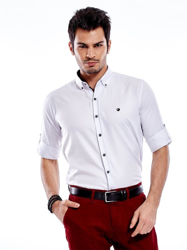 Wholesale Men's white regular fit shirt with roll-up sleeves