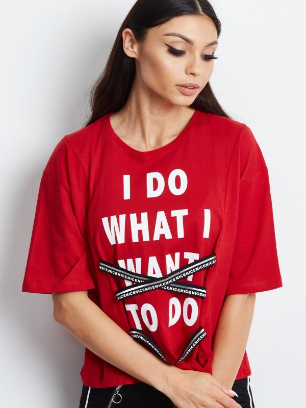 Wholesale Red T-shirt with inscription and graphic tapes