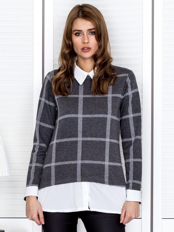 Wholesale Dark Grey Modular Plaid Blouse