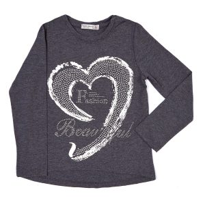 Wholesale Dark gray girl blouse with silver heart and rhinestones