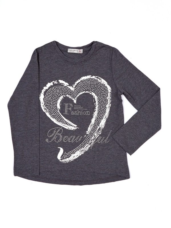 Wholesale Dark gray girl blouse with silver heart and rhinestones