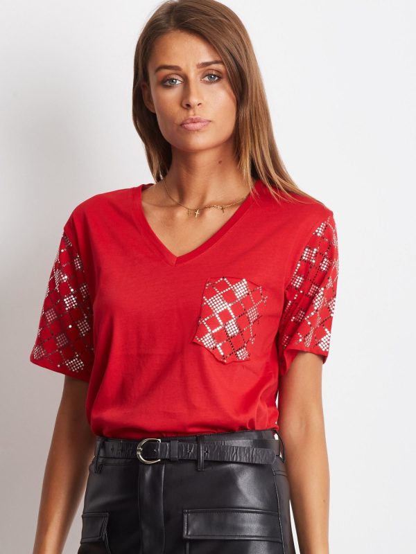 Wholesale Loose V-neck t-shirt with sequins red