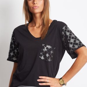 Wholesale Loose V-neck t-shirt with sequins black