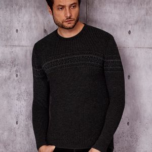 Wholesale Dark gray men's sweater with ethnic pattern modules