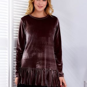 Wholesale Brown Velvet Dress with Lace Ruffle