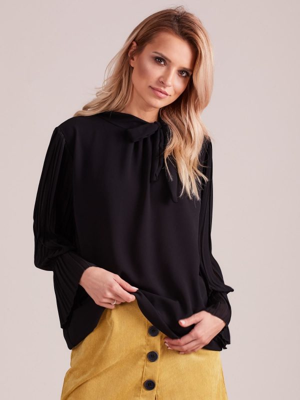 Wholesale Black blouse with pleated sleeves