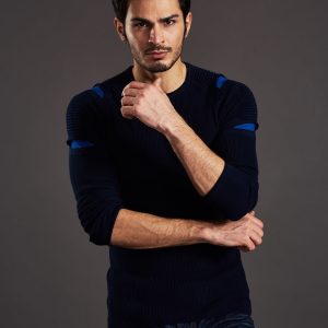 Wholesale Navy blue men's sweater with slits on the sleeves