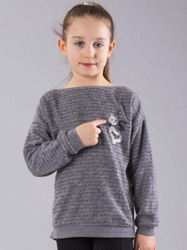 Wholesale Grey girl sweater with shiny thread and applique