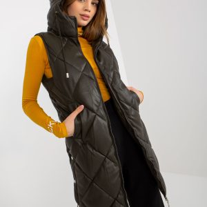 Wholesale Khaki long quilted vest made of eco leather