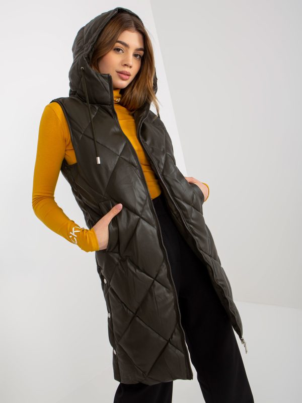 Wholesale Khaki long quilted vest made of eco leather