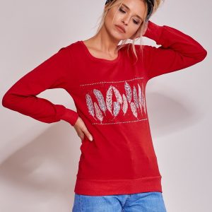 Wholesale Red light sweatshirt with feather print and rhinestones