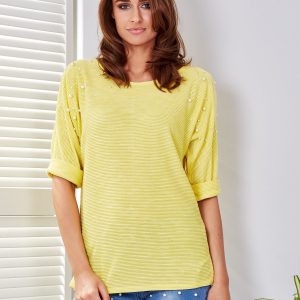 Wholesale Yellow blouse with pearls and roll-up sleeves