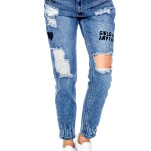 Wholesale Blue mom jeans pants with holes and prints