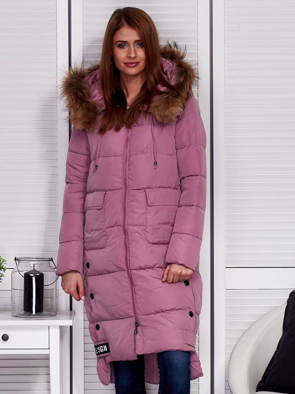 Wholesale Pink insulated coat with fur hood