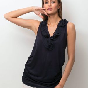 Wholesale Navy blue blouse with frills at the neckline