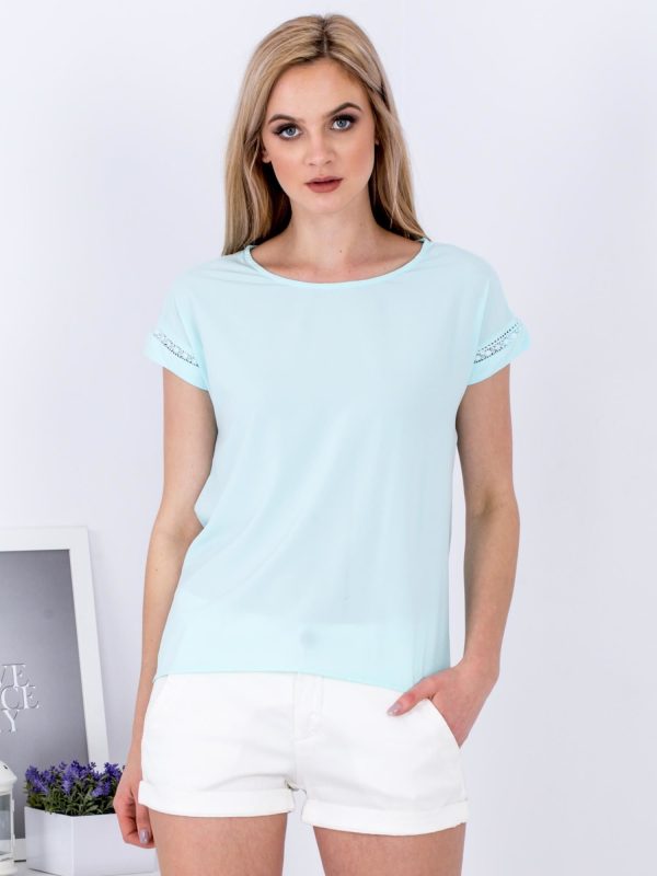 Wholesale Blouse light blue with openwork on the sleeves