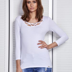 Wholesale White blouse with stripes at the neckline