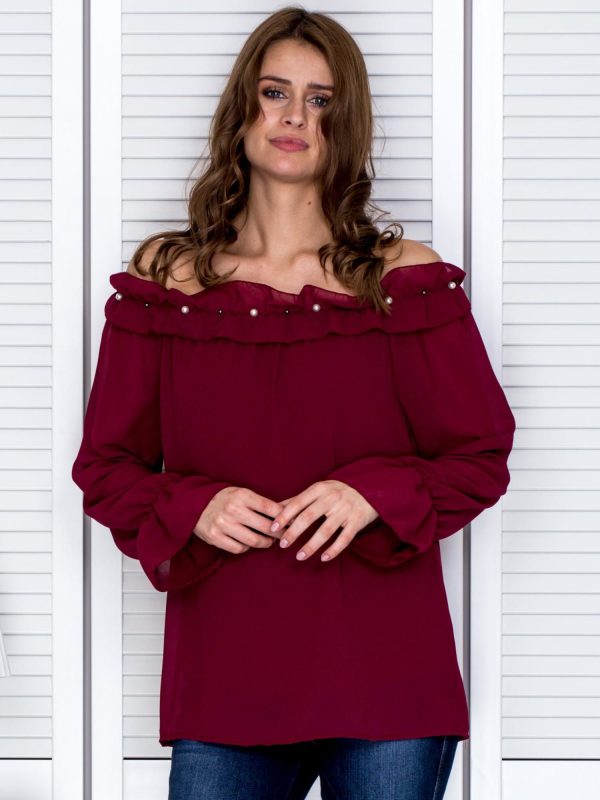 Wholesale Women's blouse with decorative neckline burgundy