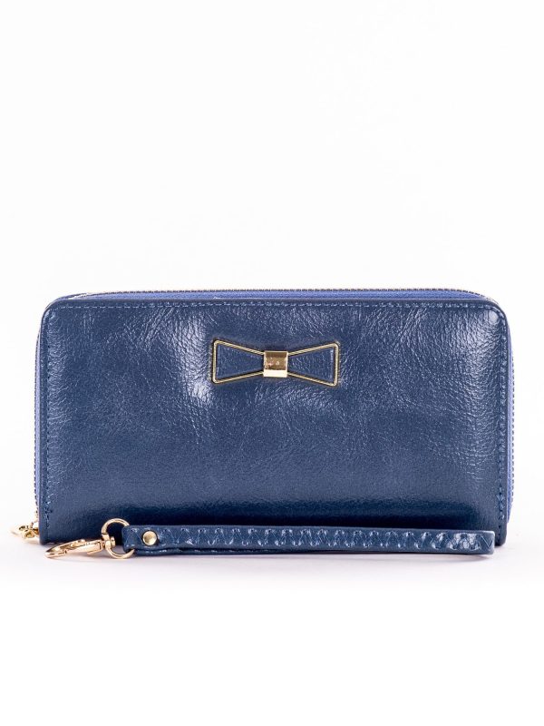 Wholesale Dark blue long zipper wallet with decorative bow