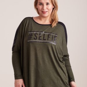 Wholesale Khaki blouse with lettering and rhinestones PLUS SIZE