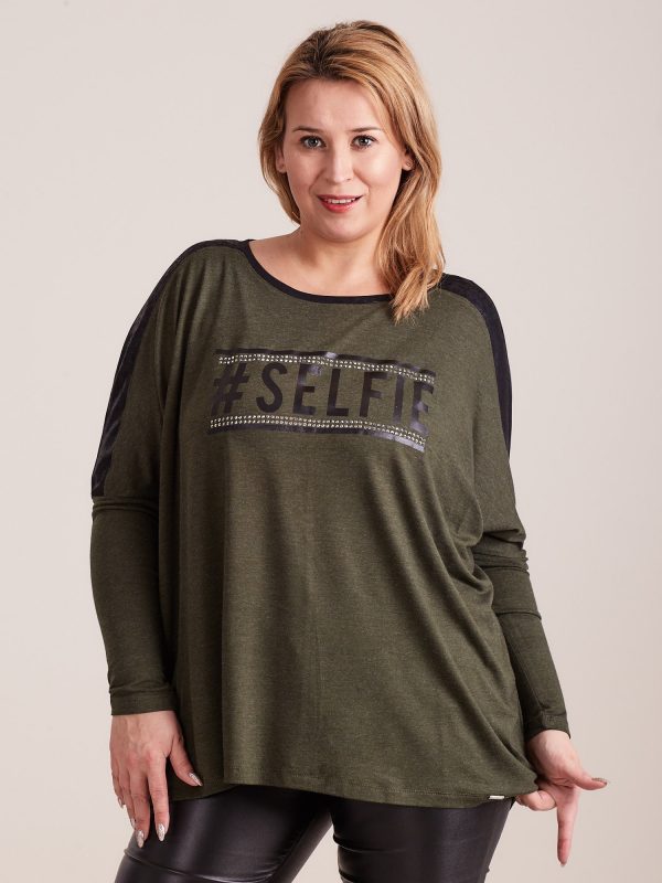 Wholesale Khaki blouse with lettering and rhinestones PLUS SIZE