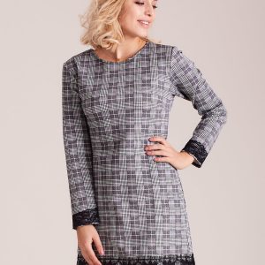 Wholesale Grey Plaid Dress with Lace Trim